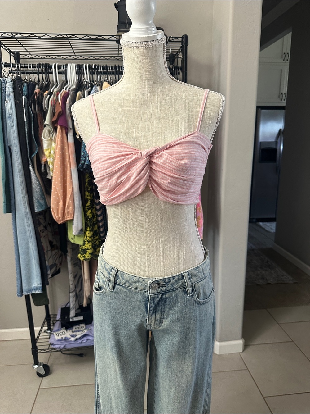 GB Twist Front Pink Ribbed Crop Top - Women's